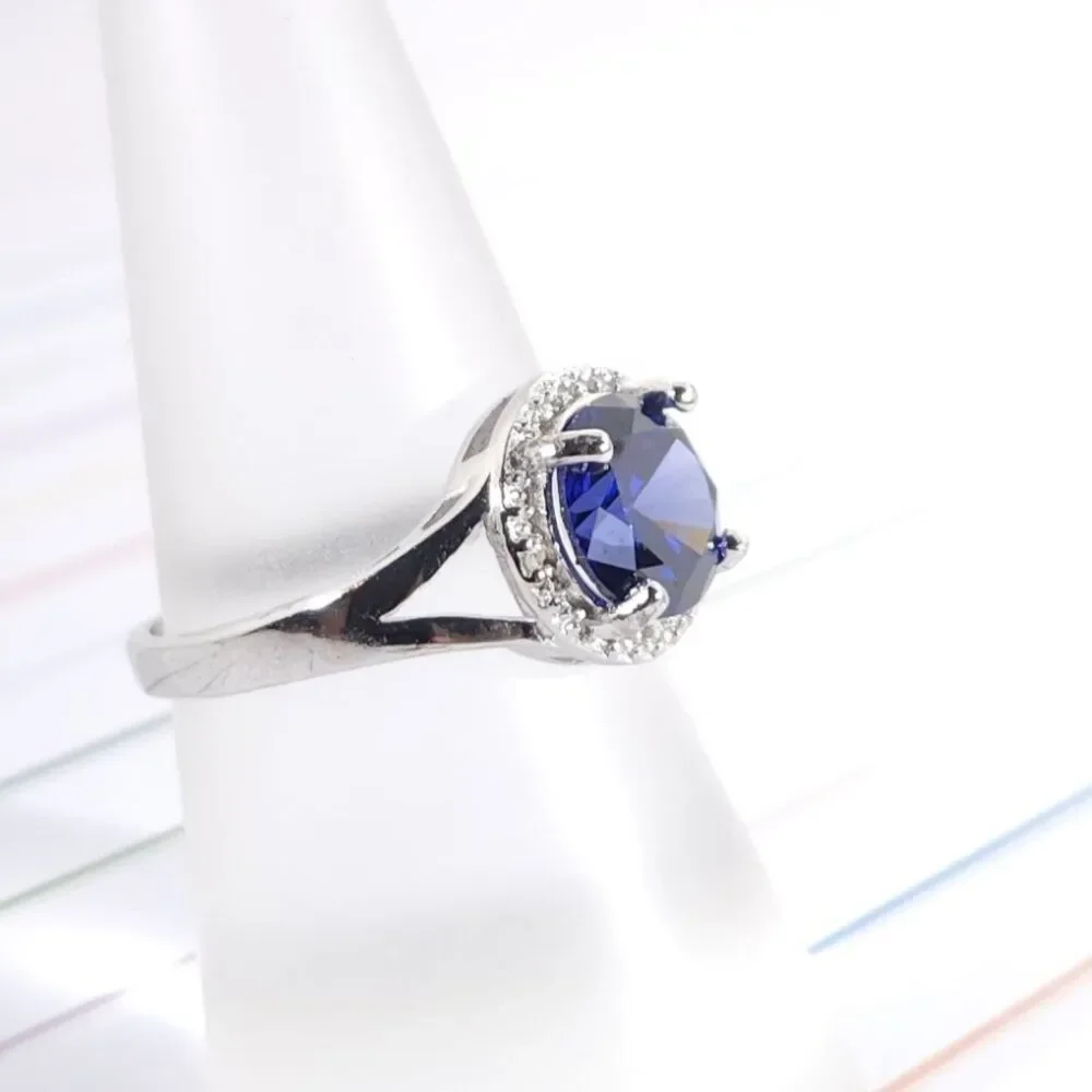 Simulated Tanzanite Halo Ring Size 7 1/2